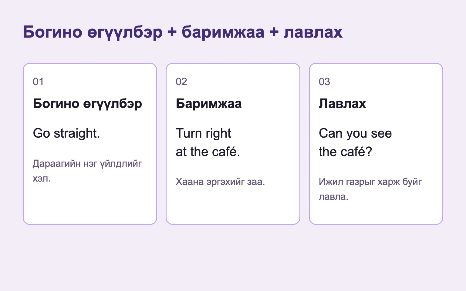 Чигээрээ явах, кафе дээр баруун эргэх, кафе харагдаж байгааг лавлах гурван алхам.