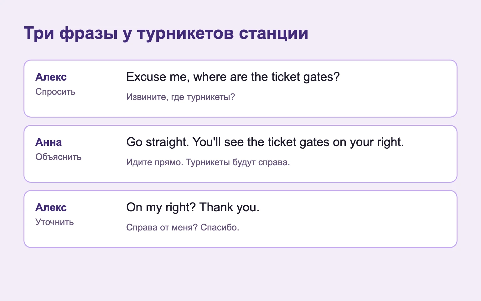 Алекс спрашивает о турникетах, Анна объясняет путь, Алекс уточняет и благодарит.