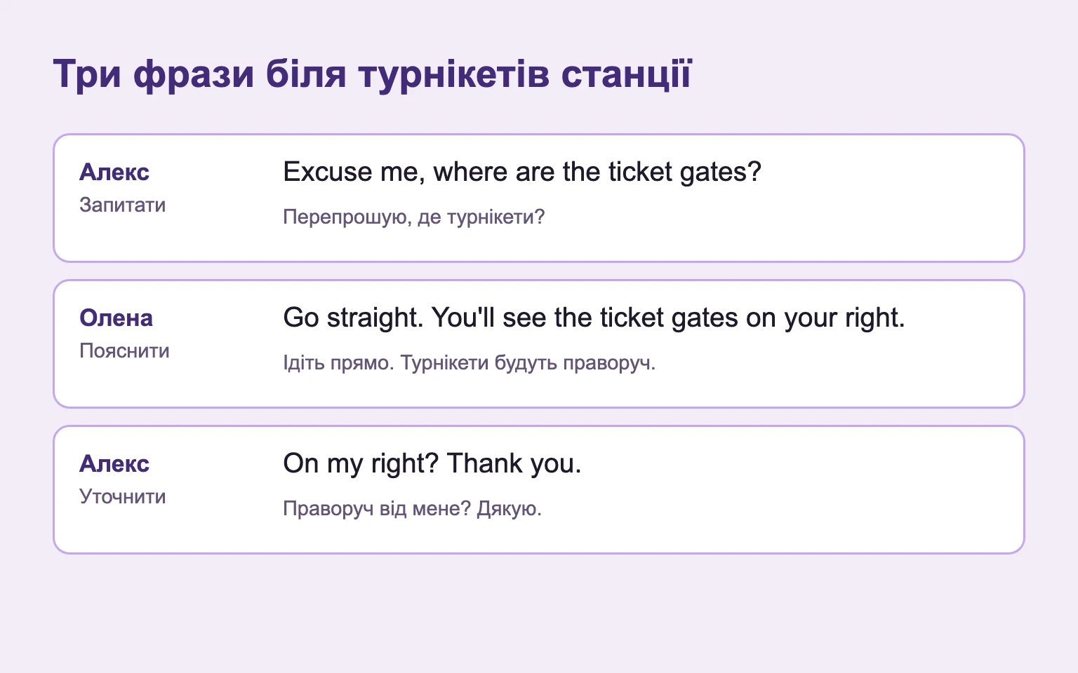 Алекс питає про турнікети, Олена пояснює шлях, Алекс уточнює й дякує.