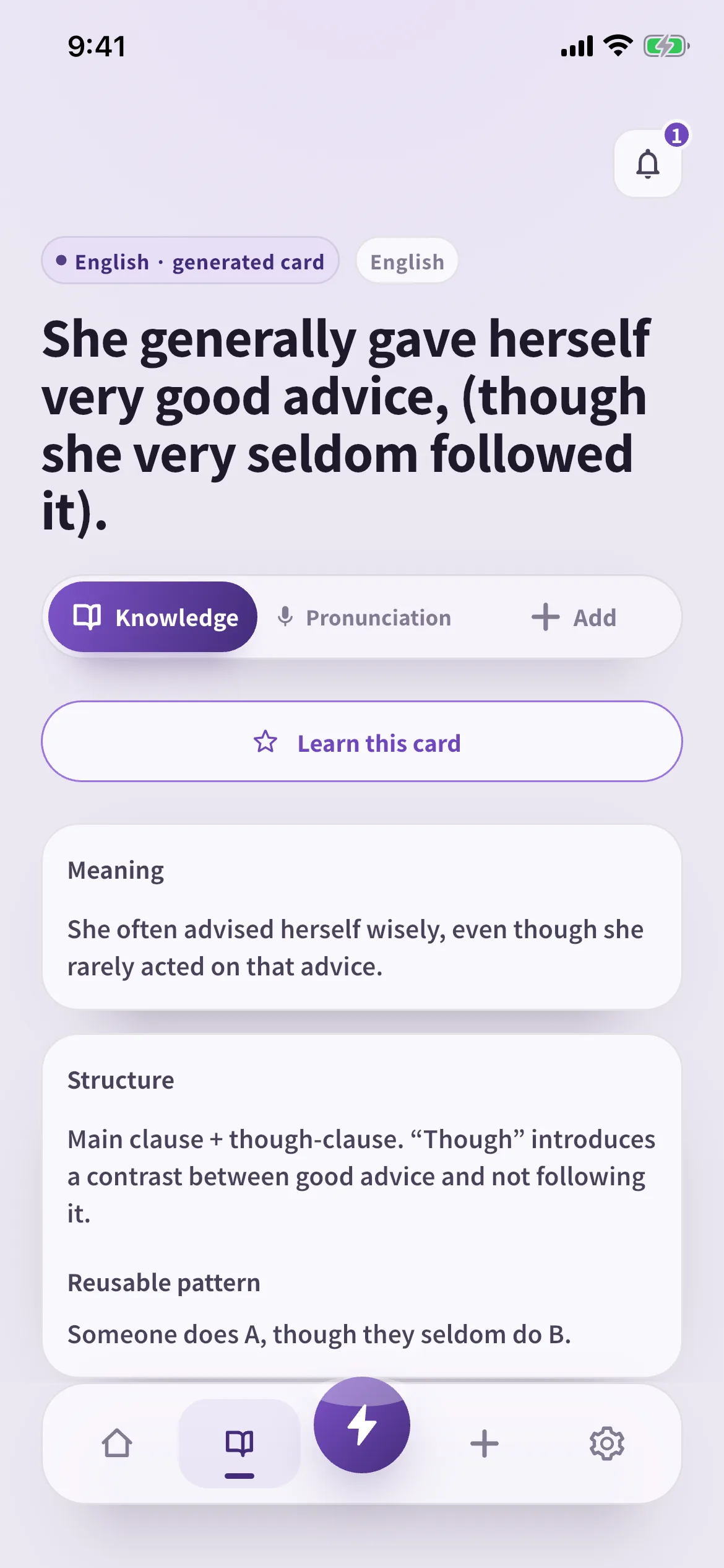 SpeakGain screen showing a saved sentence from Lewis Carroll’s Alice’s Adventures in Wonderland with an explanation of the sentence’s overall meaning and structure