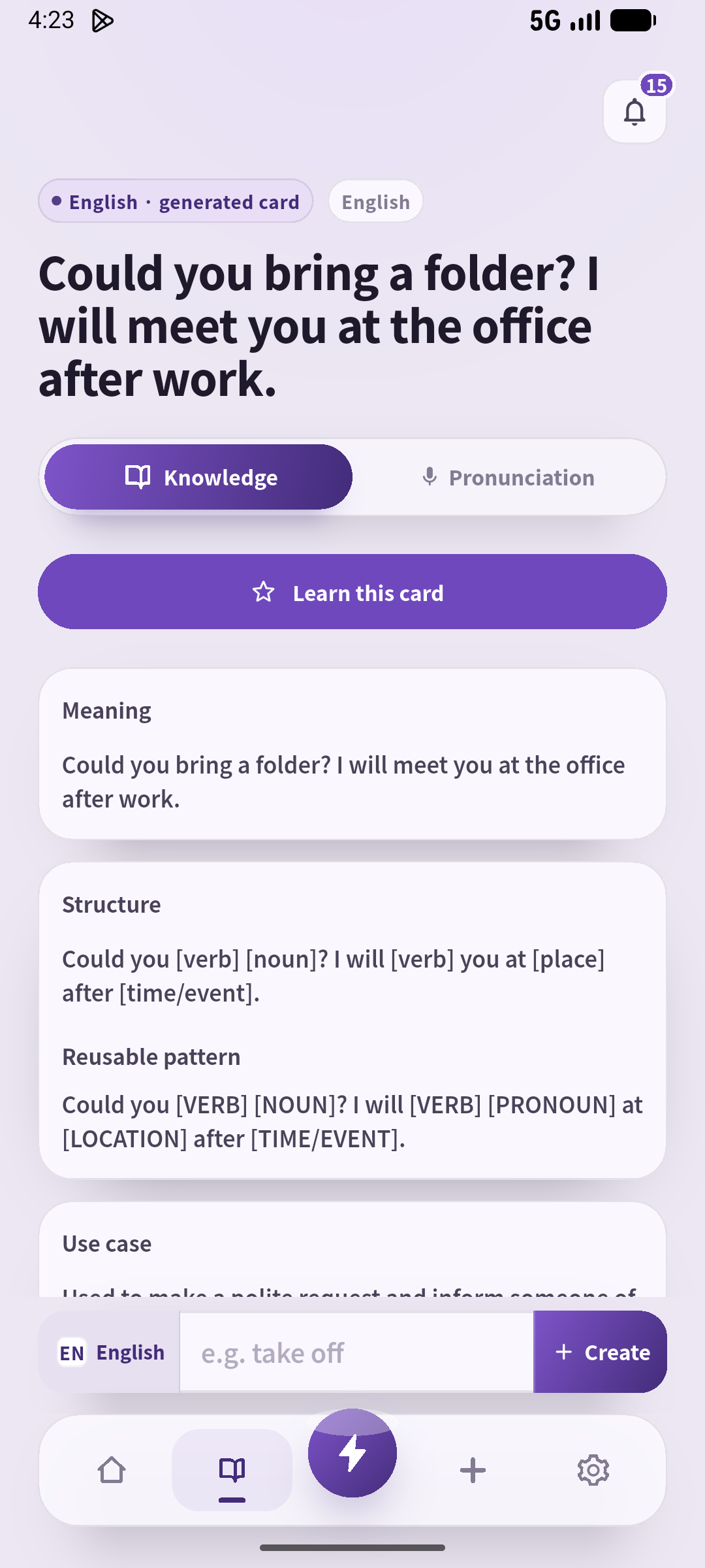 Check the sentence against its generated meaning: what to bring and where to meet. Source: SpeakGain.
