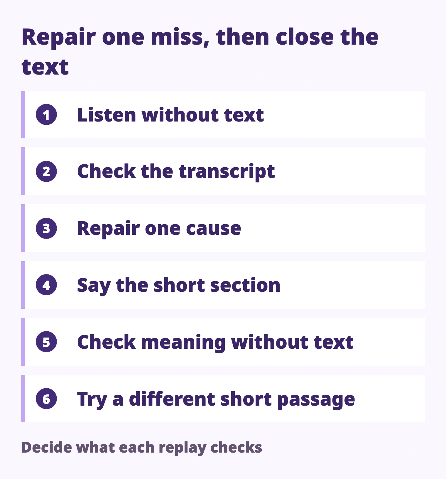 Listen without text → Check the transcript → Repair one cause → Say the short section → Check meaning without text → Try a different short passage