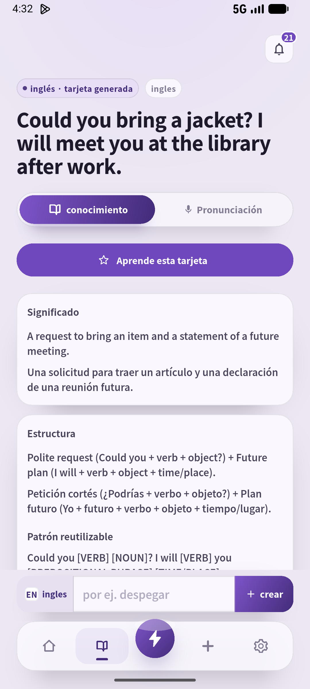 Compara la frase con el significado generado: qué llevar y dónde encontrarse. Fuente: SpeakGain.
