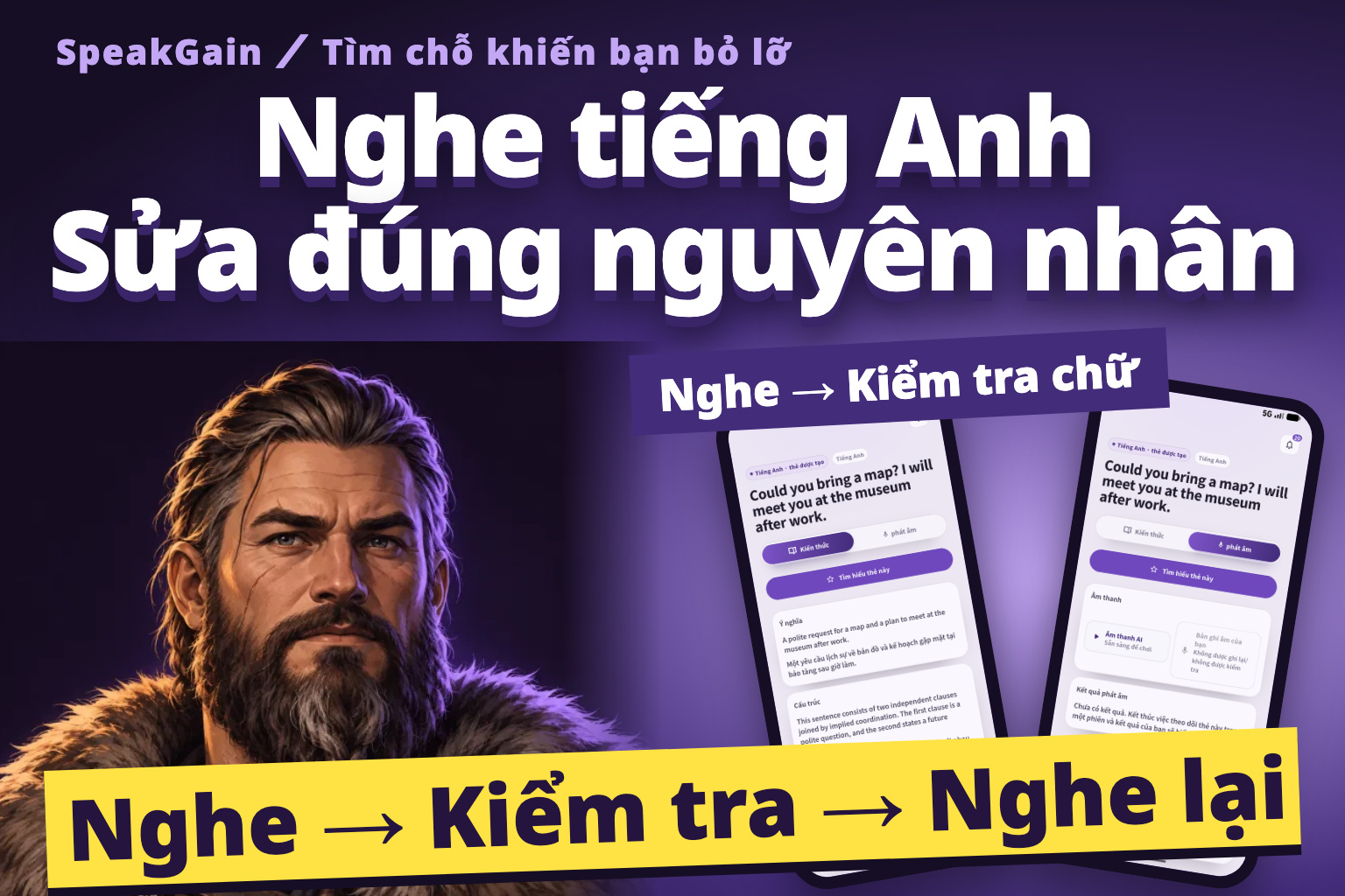 Nghe tiếng Anh Sửa đúng nguyên nhân. Viking và hai màn hình thật: kiểm tra nghĩa và nghe giọng mẫu