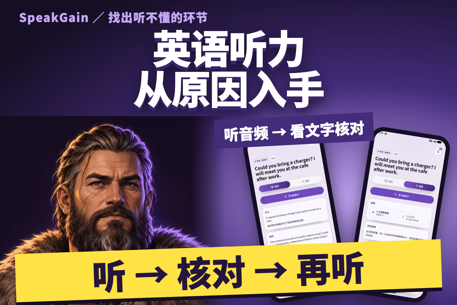 英语听力 从原因入手. 维京角色与两个实际画面：确认句意、播放示范音频