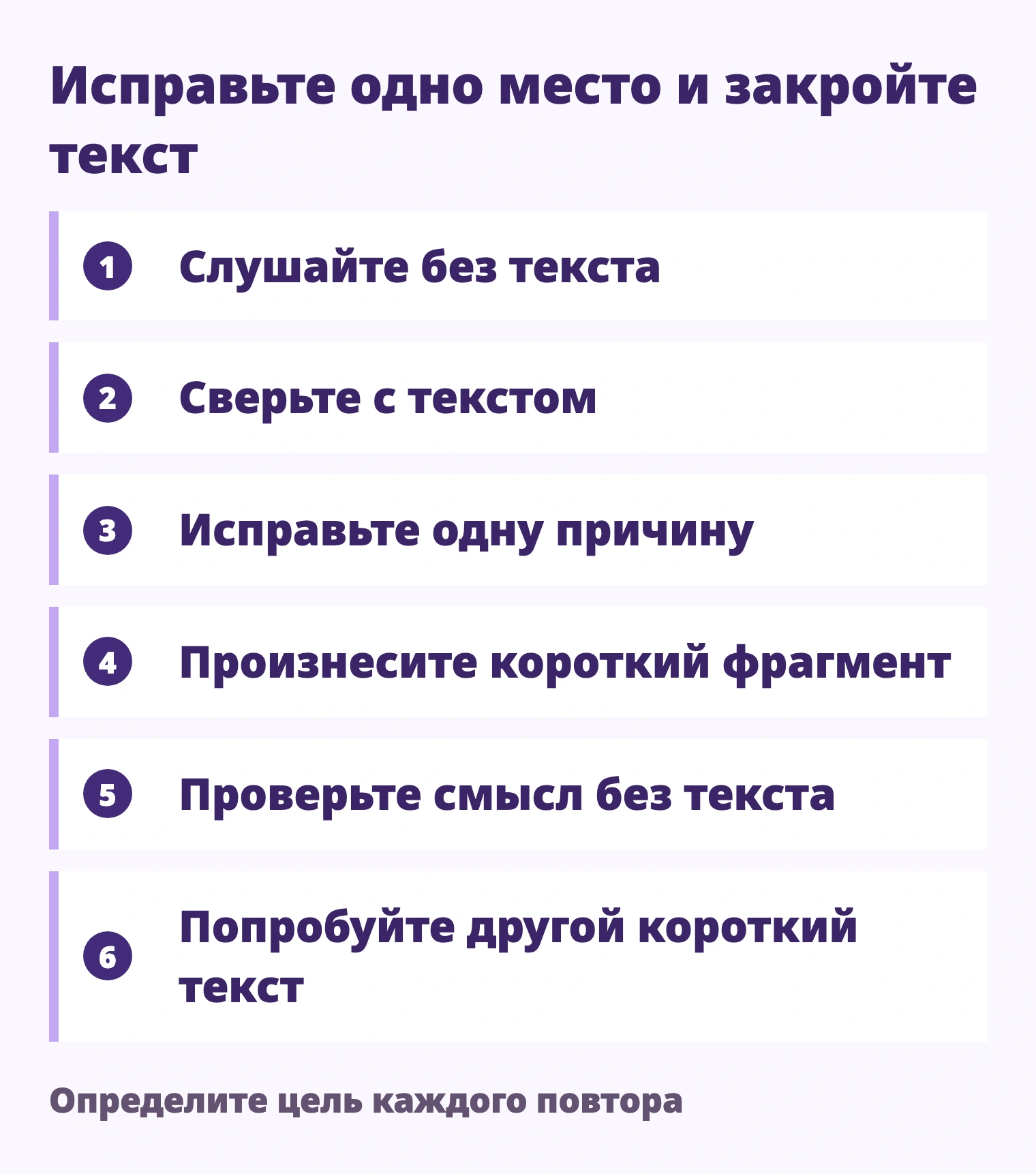 Слушайте без текста → Сверьте с текстом → Исправьте одну причину → Произнесите короткий фрагмент → Проверьте смысл без текста → Попробуйте другой короткий текст
