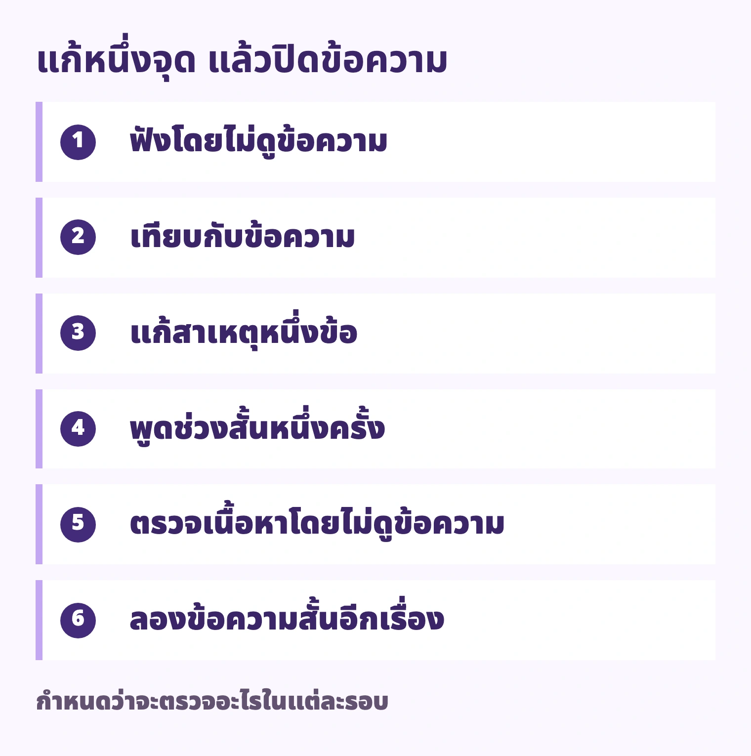 ฟังโดยไม่ดูข้อความ → เทียบกับข้อความ → แก้สาเหตุหนึ่งข้อ → พูดช่วงสั้นหนึ่งครั้ง → ตรวจเนื้อหาโดยไม่ดูข้อความ → ลองข้อความสั้นอีกเรื่อง