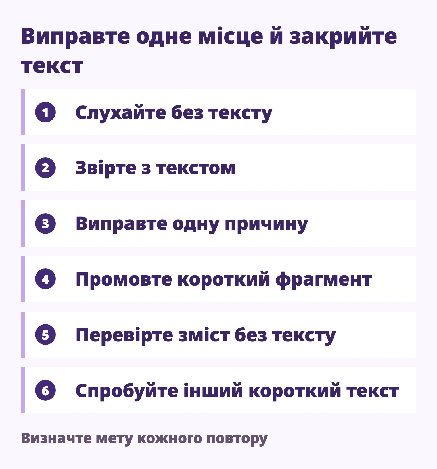 Слухайте без тексту → Звірте з текстом → Виправте одну причину → Промовте короткий фрагмент → Перевірте зміст без тексту → Спробуйте інший короткий текст