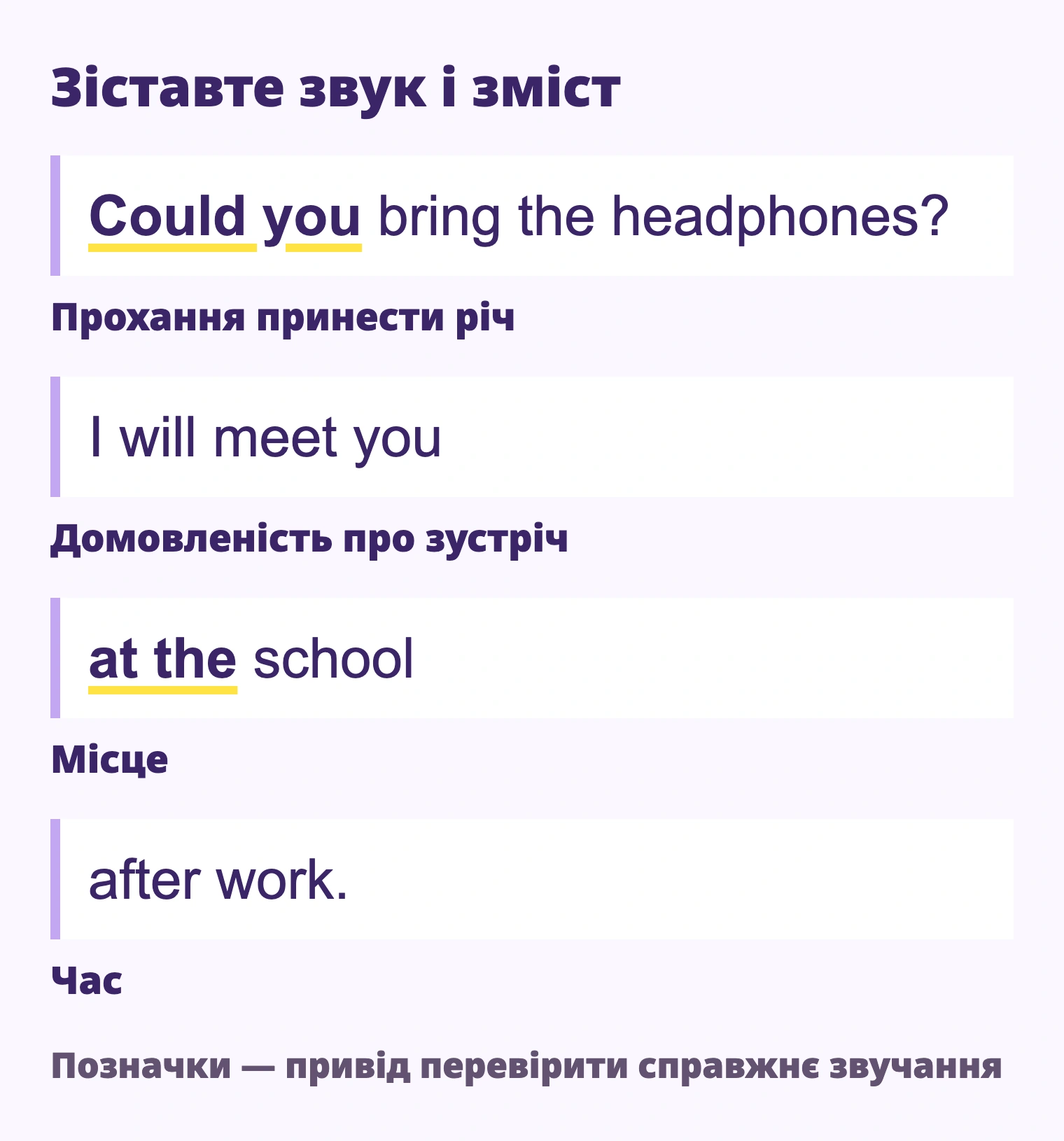 Could you bring the headphones? I will meet you at the school after work. Прохання принести річ / Домовленість про зустріч / Місце / Час