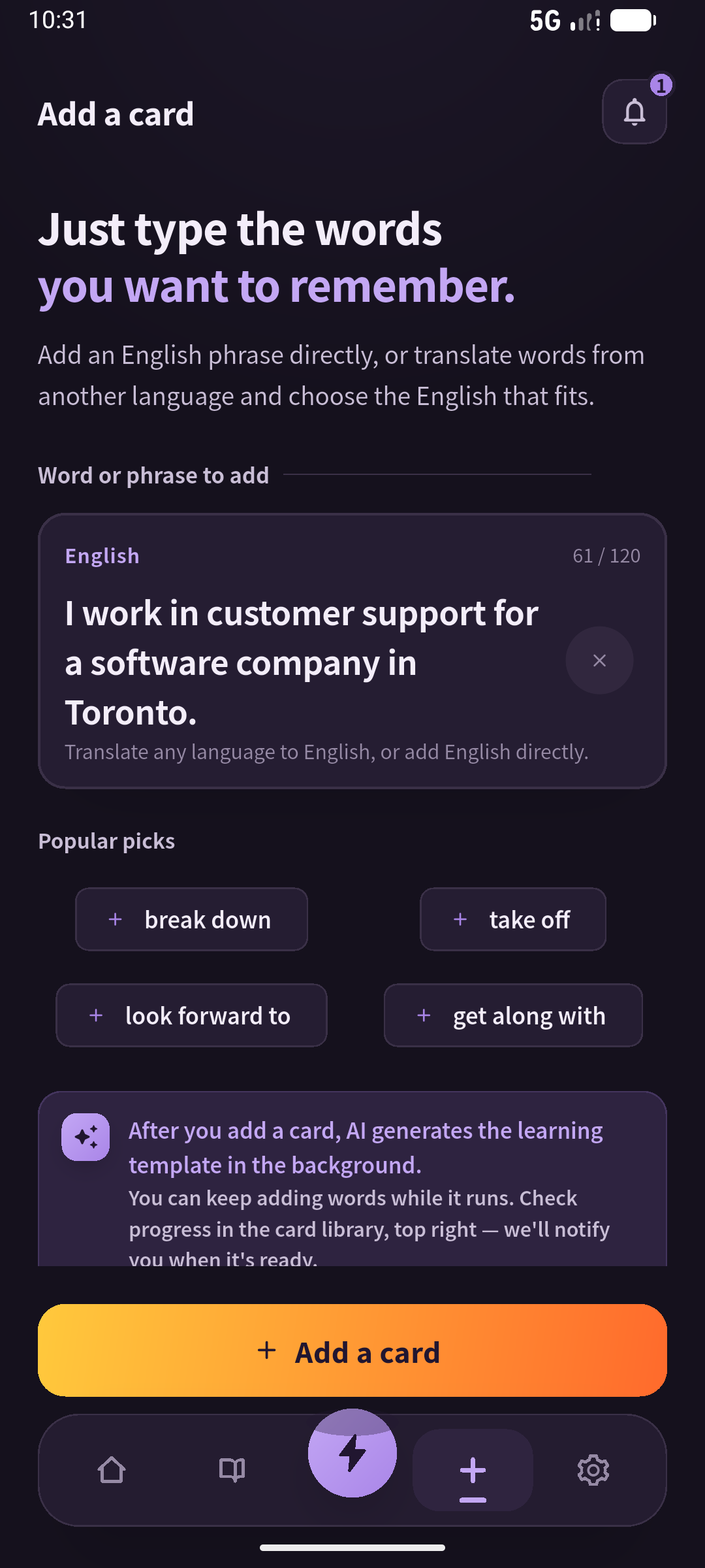 English SpeakGain Create screen with Maya’s Toronto customer-support sentence entered