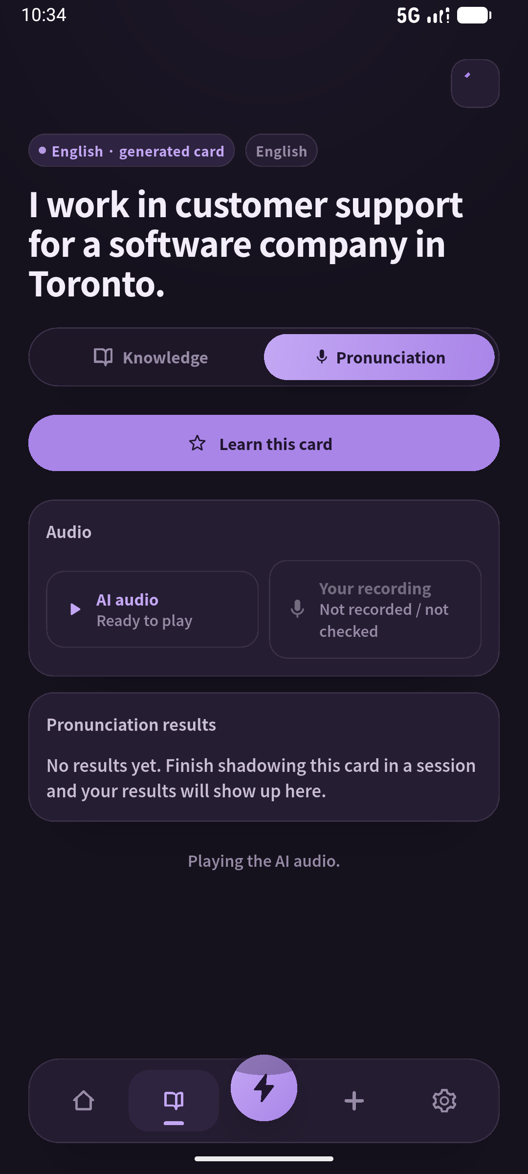English SpeakGain pronunciation screen playing Maya’s actual work card