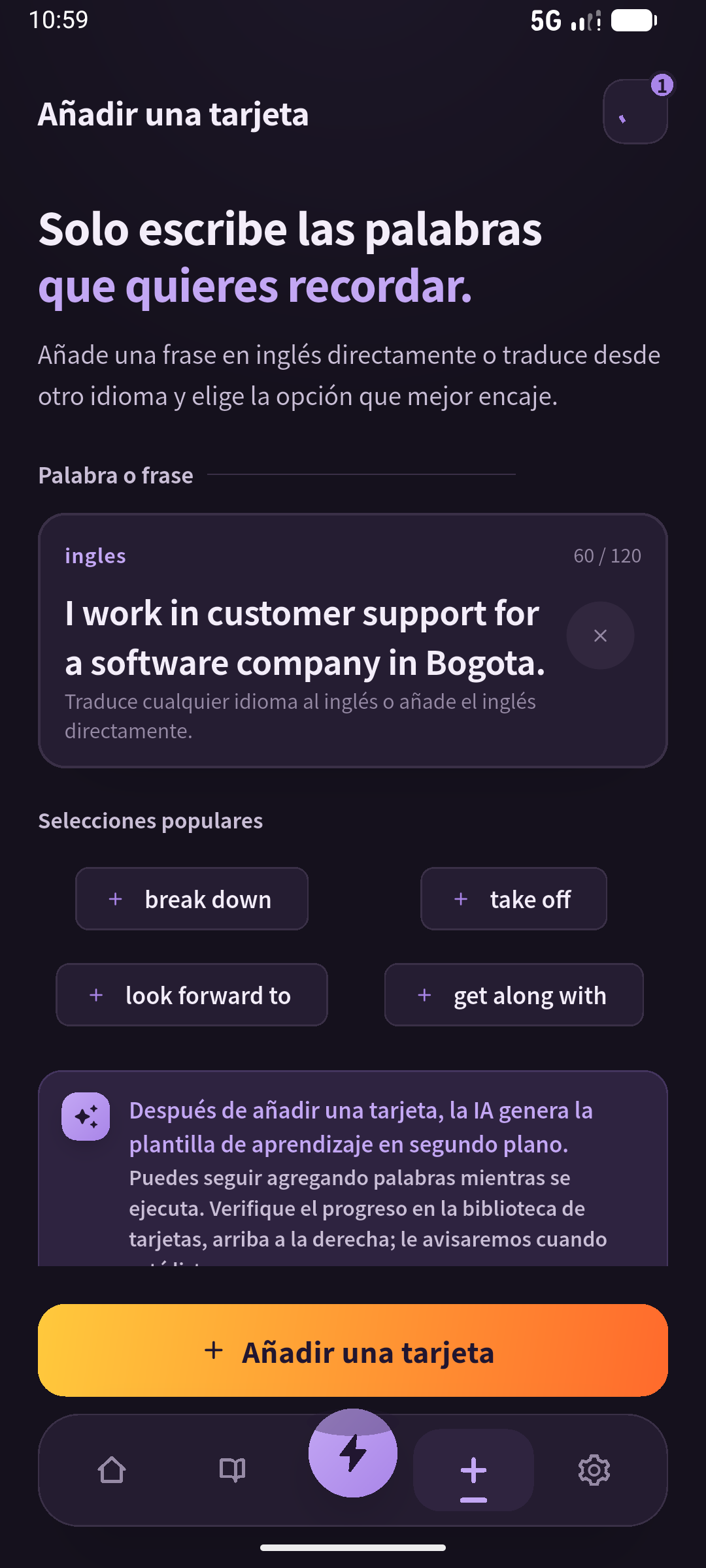 Pantalla de creación en español con la frase de trabajo de Lucía en Bogotá