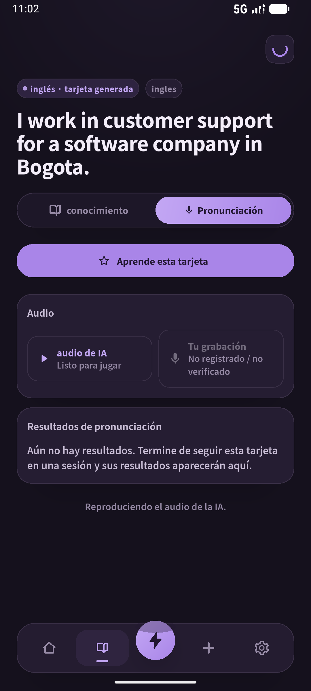 Pantalla de pronunciación en español con el audio Viking de la tarjeta real de Lucía