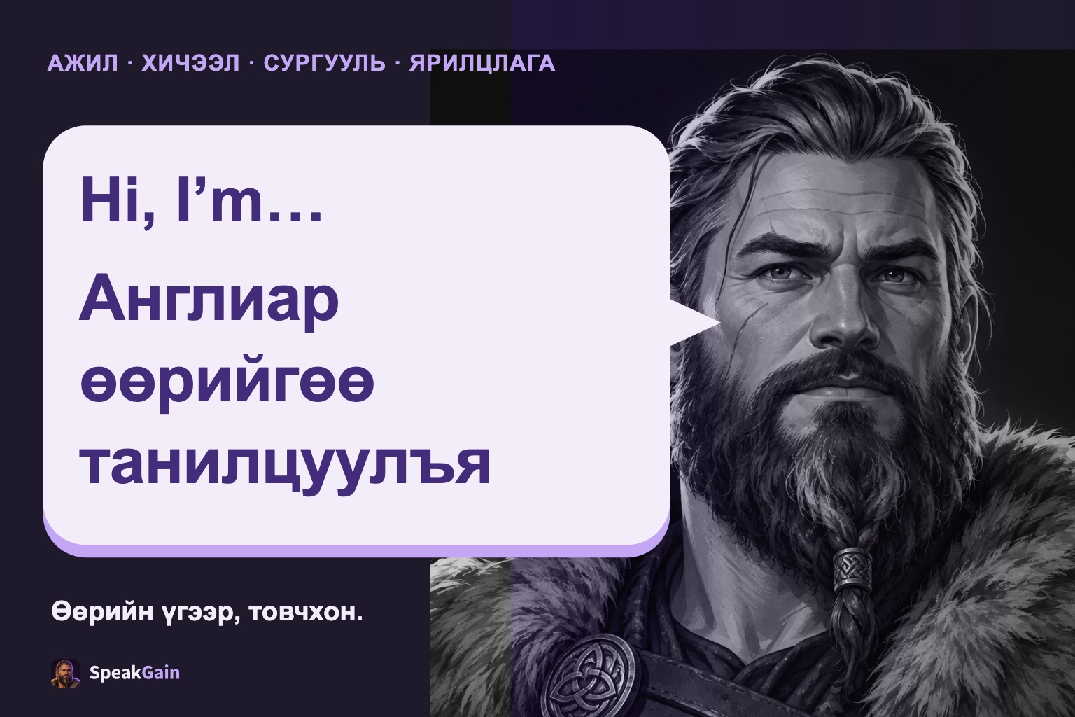Нил ягаан дэвсгэр дээр Викинг ярианы бөмбөлгөөр өөрийгөө танилцуулж байна