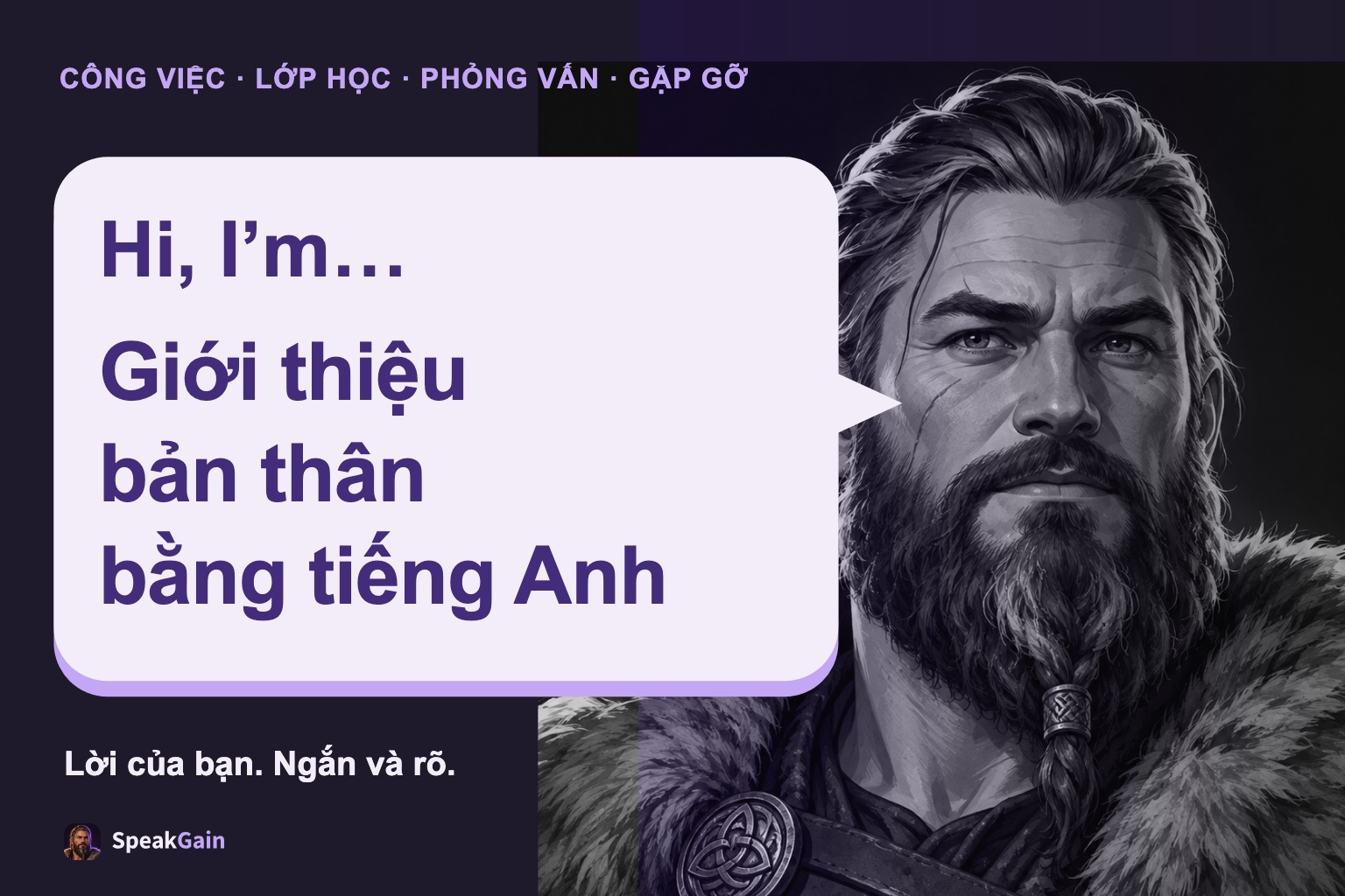 Viking giới thiệu mình trong bong bóng lời thoại trên nền tím