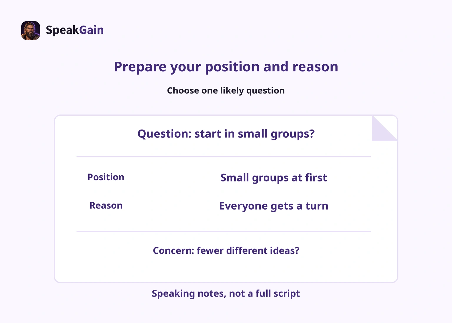 Prepare a likely question, one position and one reason, then consider an opposing concern