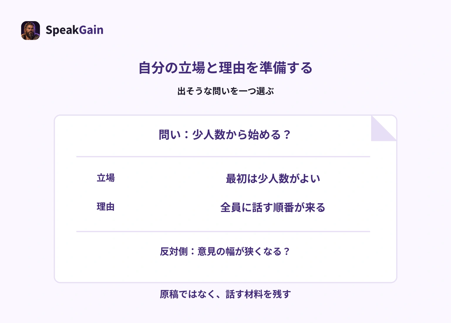 出そうな問いに、自分の立場と理由を一つずつ用意し、反対側の心配も考える準備メモ
