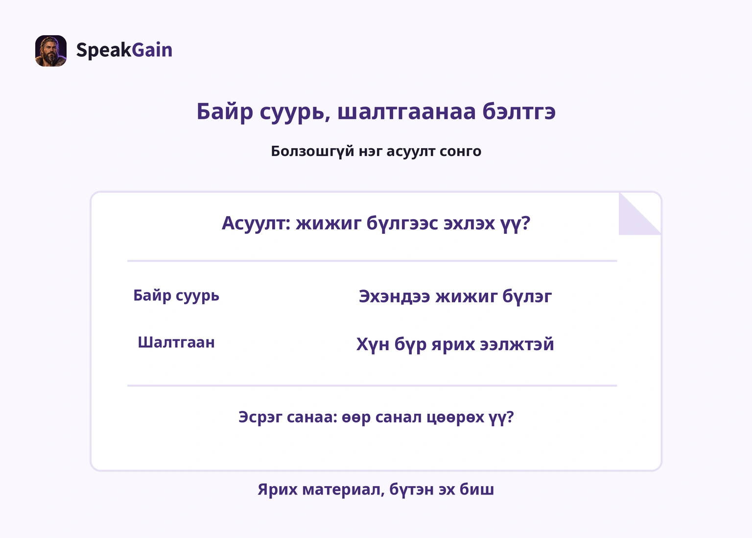 Асуулт, байр суурь, шалтгаан болон эсрэг зовнилын тэмдэглэл
