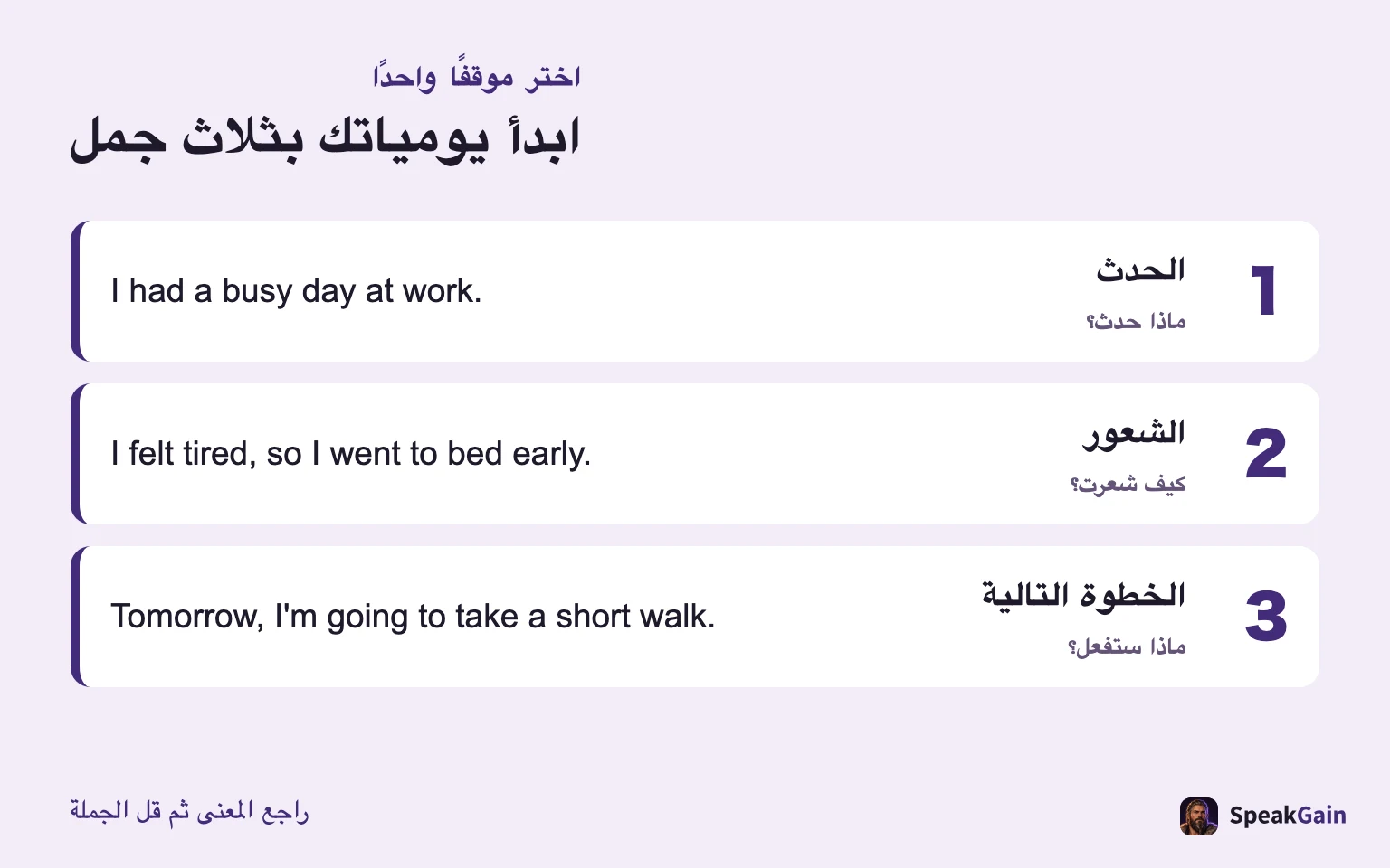 قالب اليوميات: حدث وشعور وخطوة تالية في ثلاث جمل.