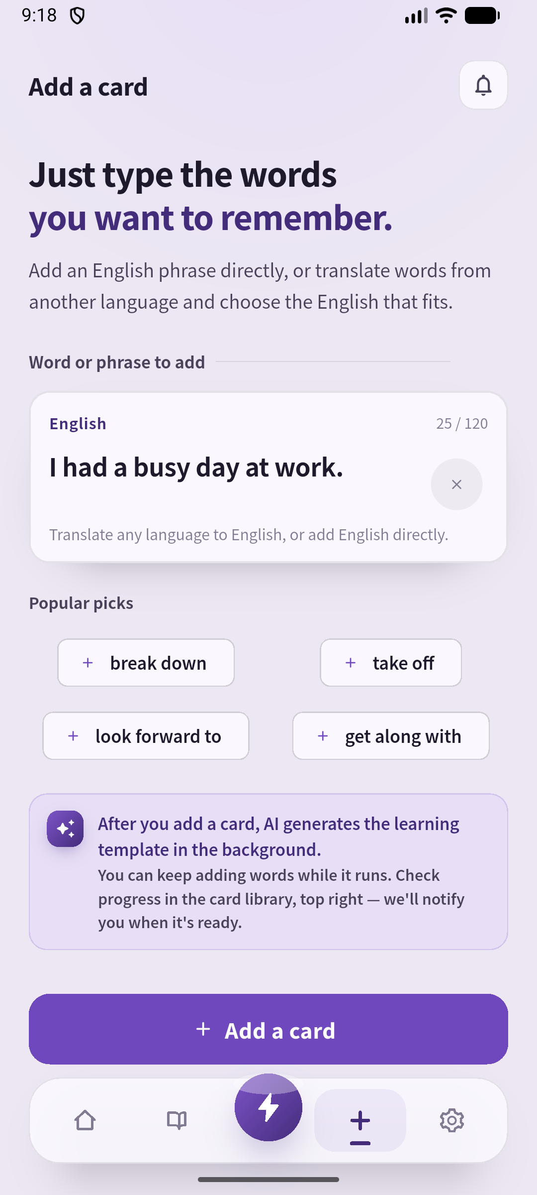 The same work sentence entered in SpeakGain's English Create screen.