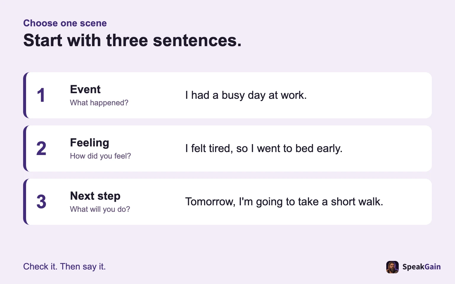 The three-sentence diary: event, feeling, next step.
