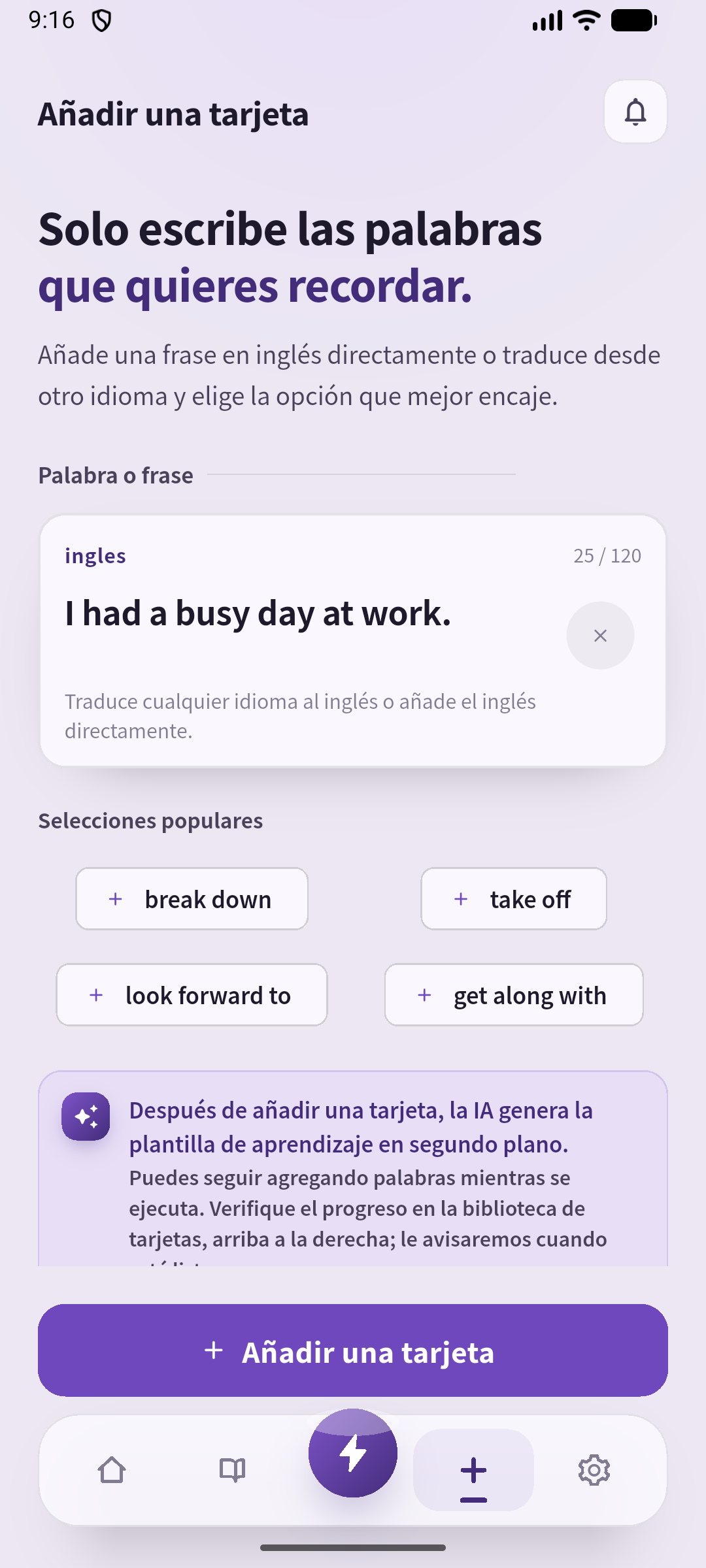 La frase común de trabajo en la pantalla de creación en español.