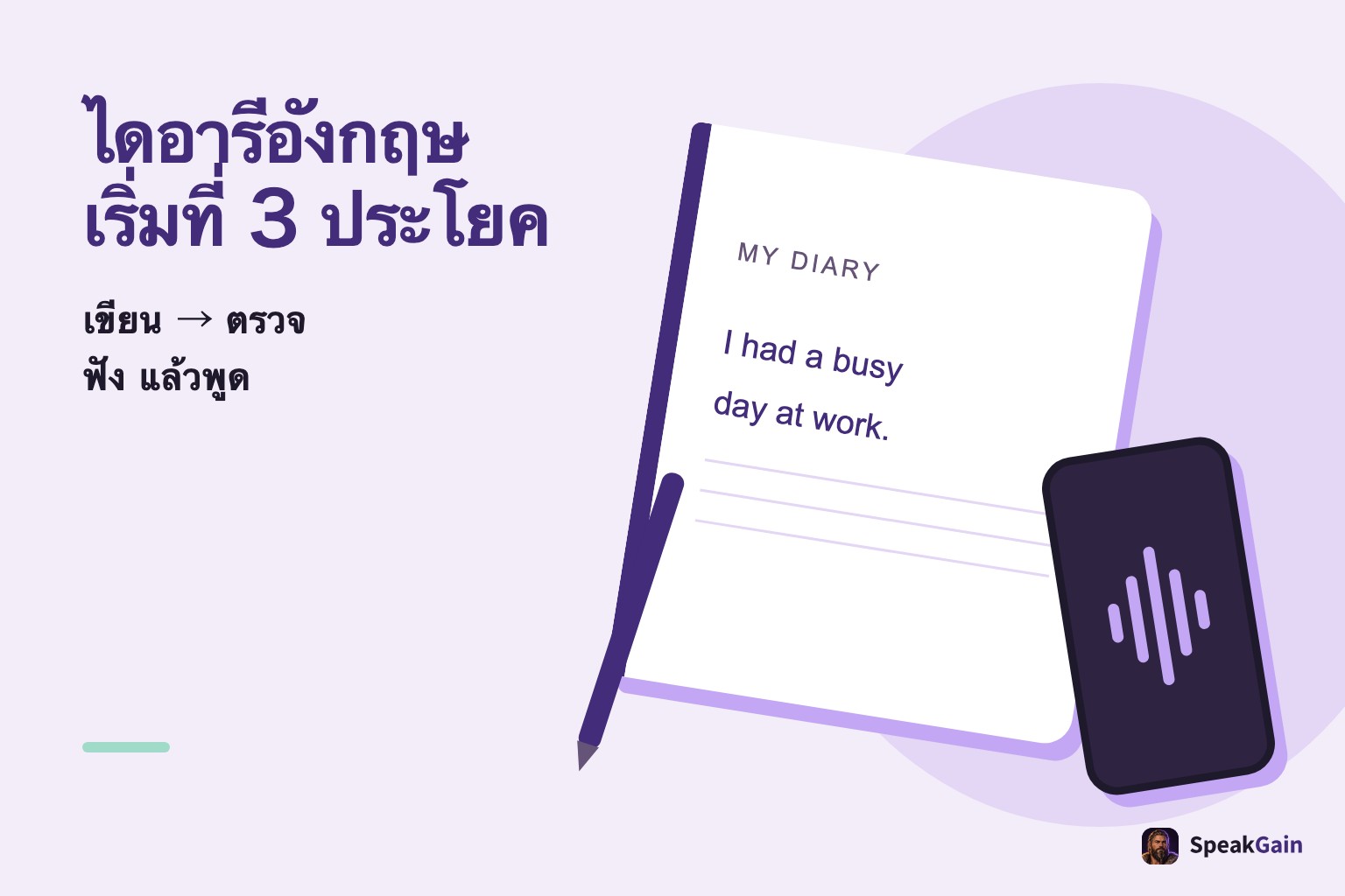 ไดอารีอังกฤษเริ่มที่สามประโยค ภาพสมุด ปากกา และโทรศัพท์แทนการเขียน ตรวจ ฟัง และพูด