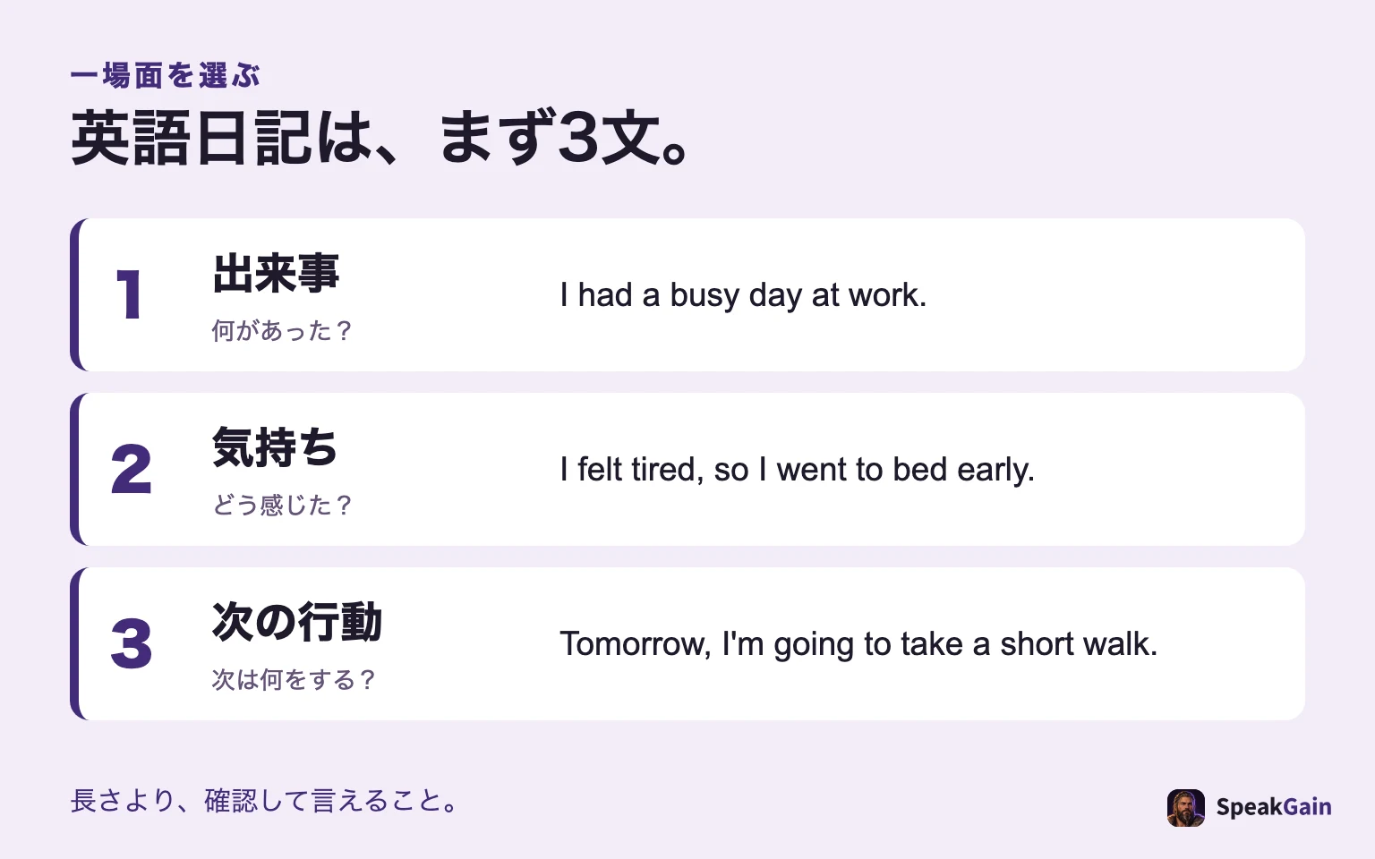 3文の英語日記の型。1は出来事、2は気持ち、3は次にすること。まず一場面を選ぶ。