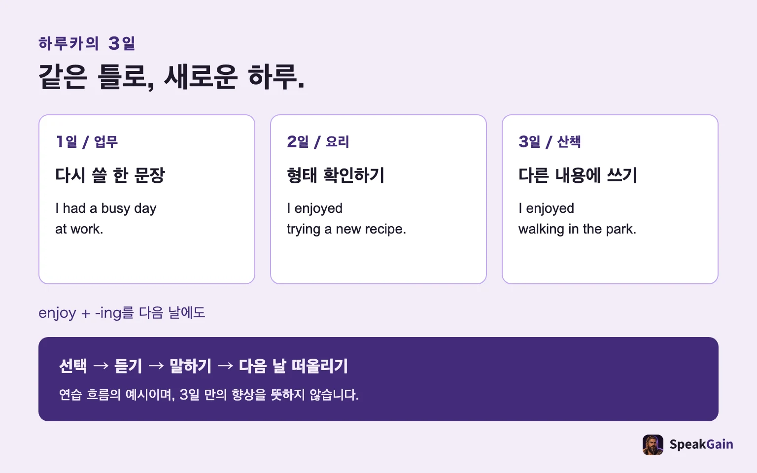 첫날 busy day, 둘째 날 enjoy trying, 셋째 날 enjoy walking을 쓰는 흐름.