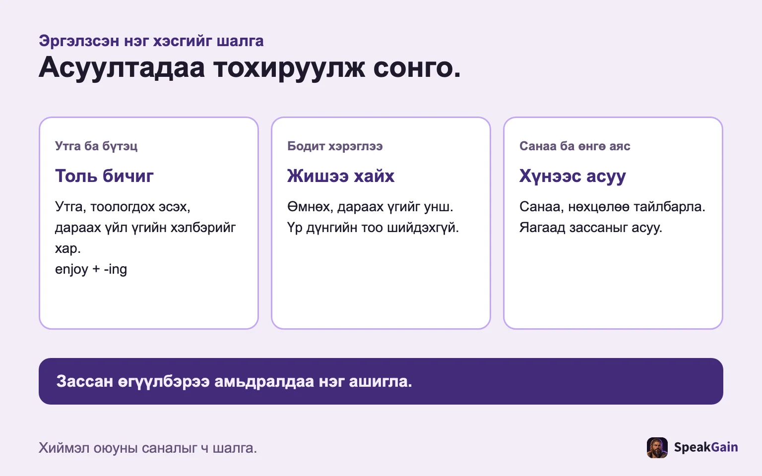 Утга ба бүтцийг толь, нөхцөлийг жишээ, санаа ба өнгө аясыг хүнээр шалгуул.
