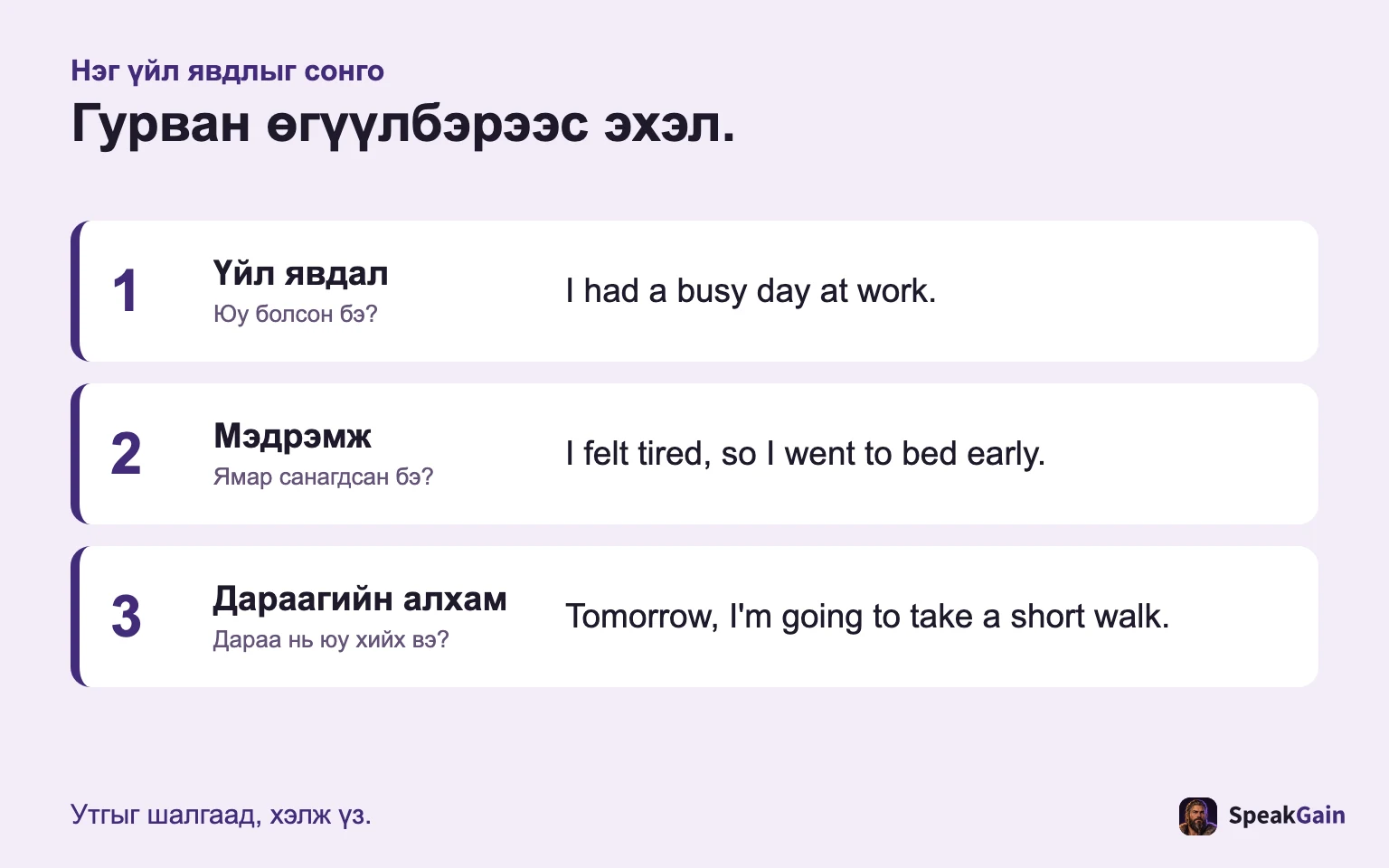 Гурван өгүүлбэрийн бүтэц: үйл явдал, мэдрэмж, дараагийн алхам.