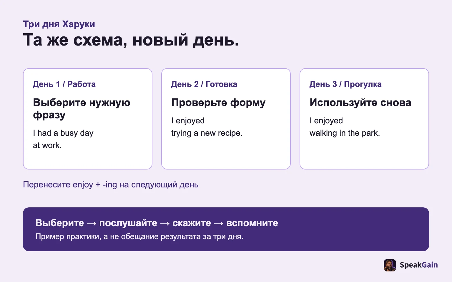 Харука выбирает busy day, проверяет enjoy trying и переносит схему на enjoy walking.