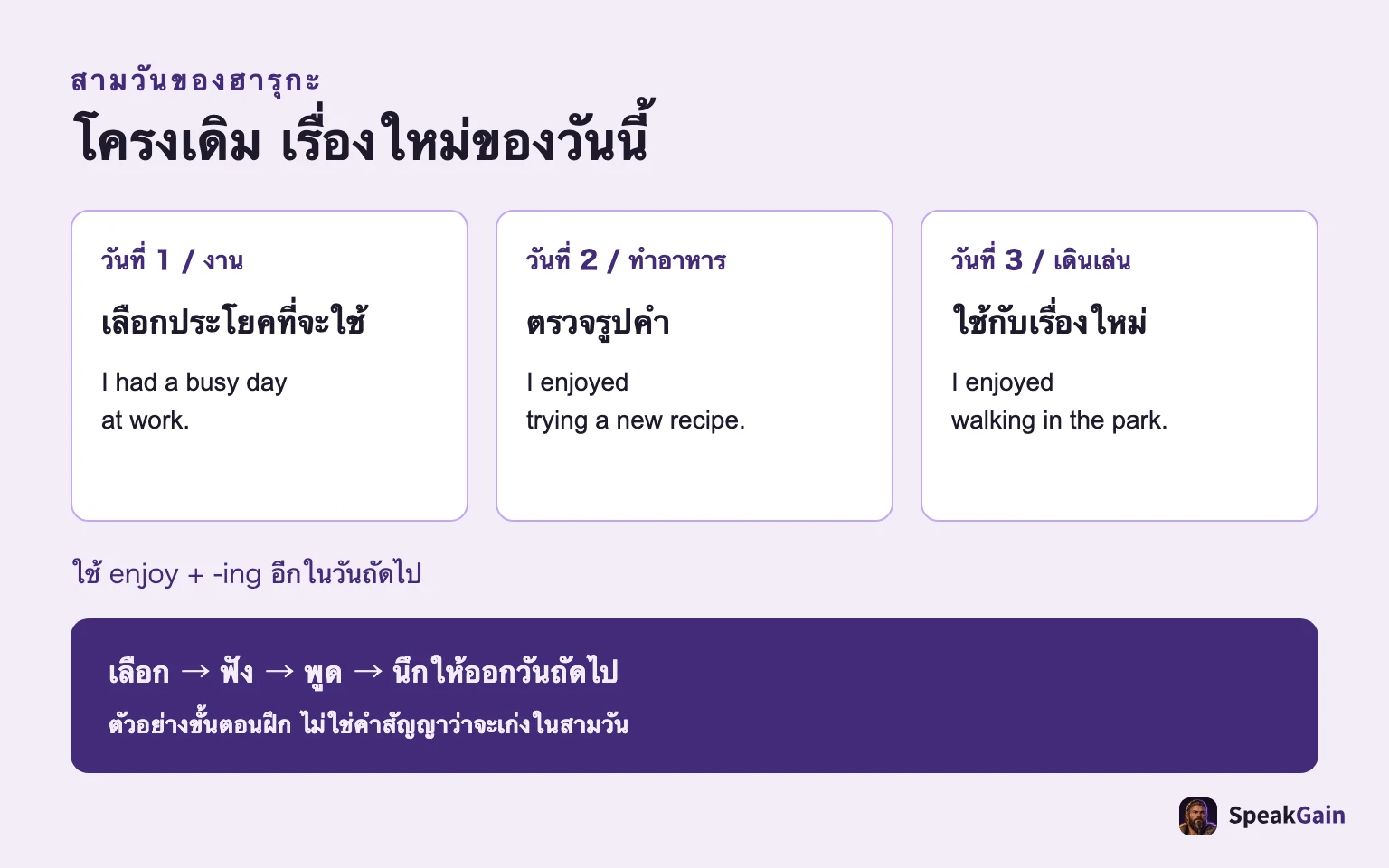 ฮารุกะเลือก busy day ตรวจ enjoy trying แล้วใช้กับ enjoy walking
