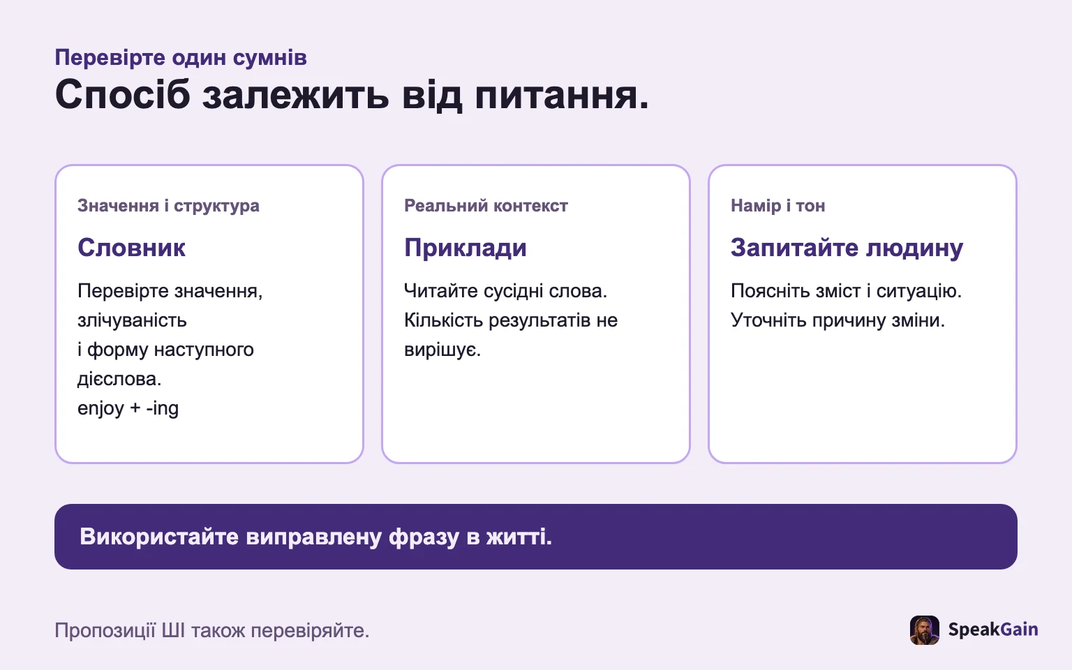 Словник перевіряє значення й структуру, приклади — контекст, людина — намір і тон.