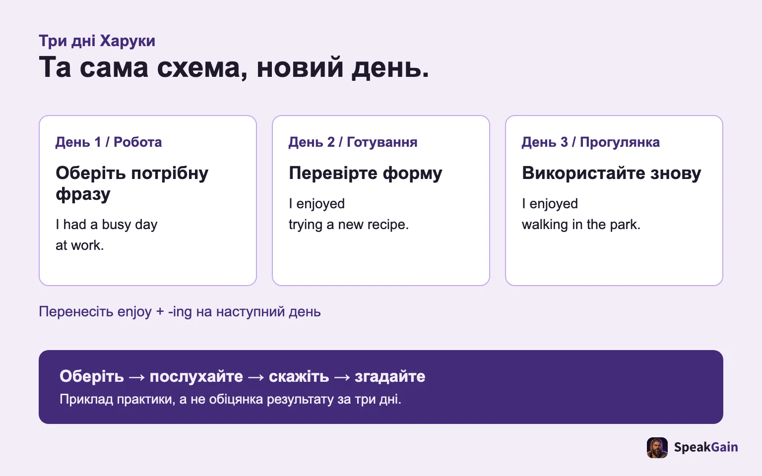 Харука обирає busy day, перевіряє enjoy trying і переносить схему на enjoy walking.