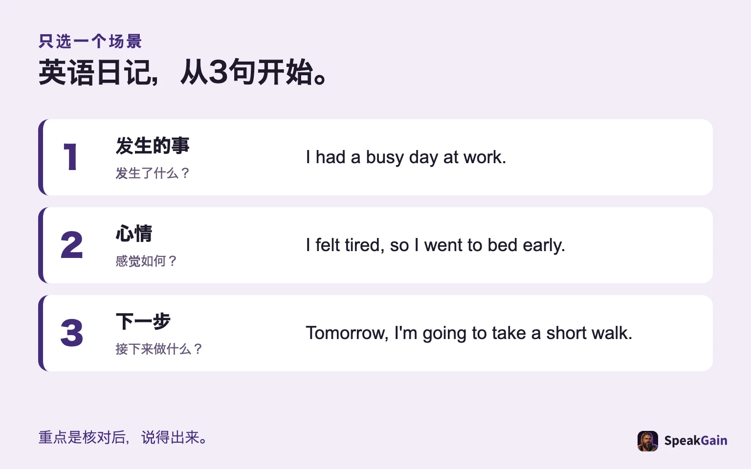 3句英语日记:事件、心情、下一步。