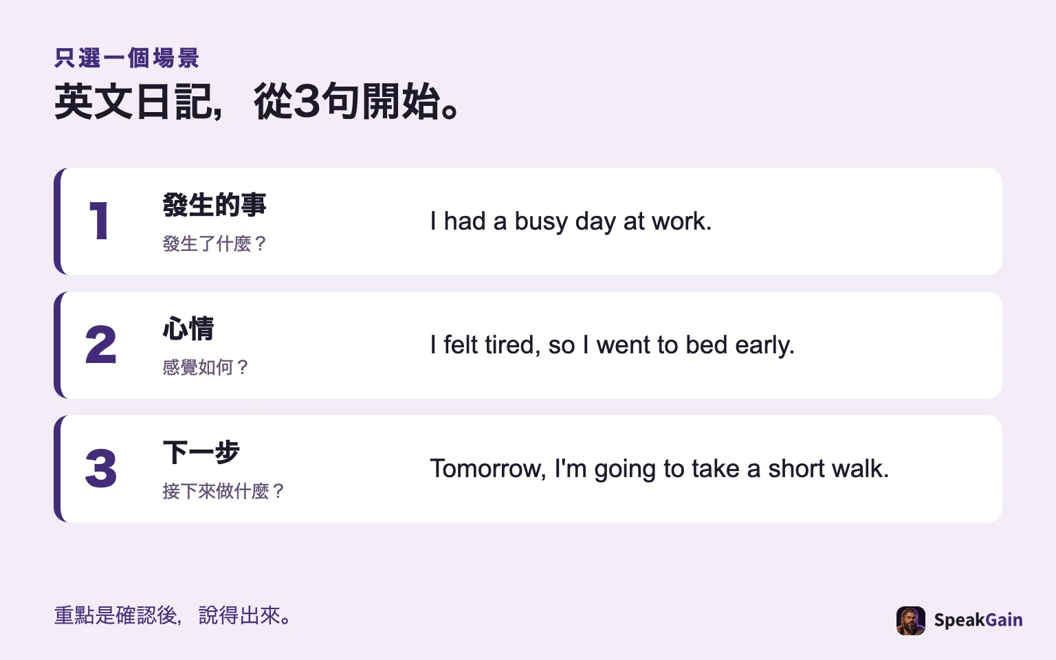 3句英文日記：事件、心情、下一步。