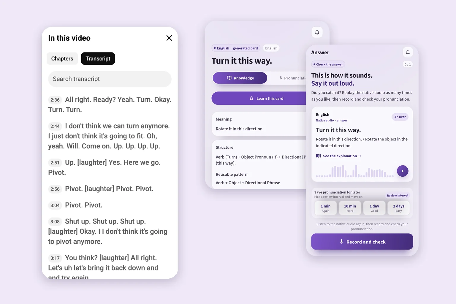 YouTube transcript for Pivot beside SpeakGain phrase and review screens