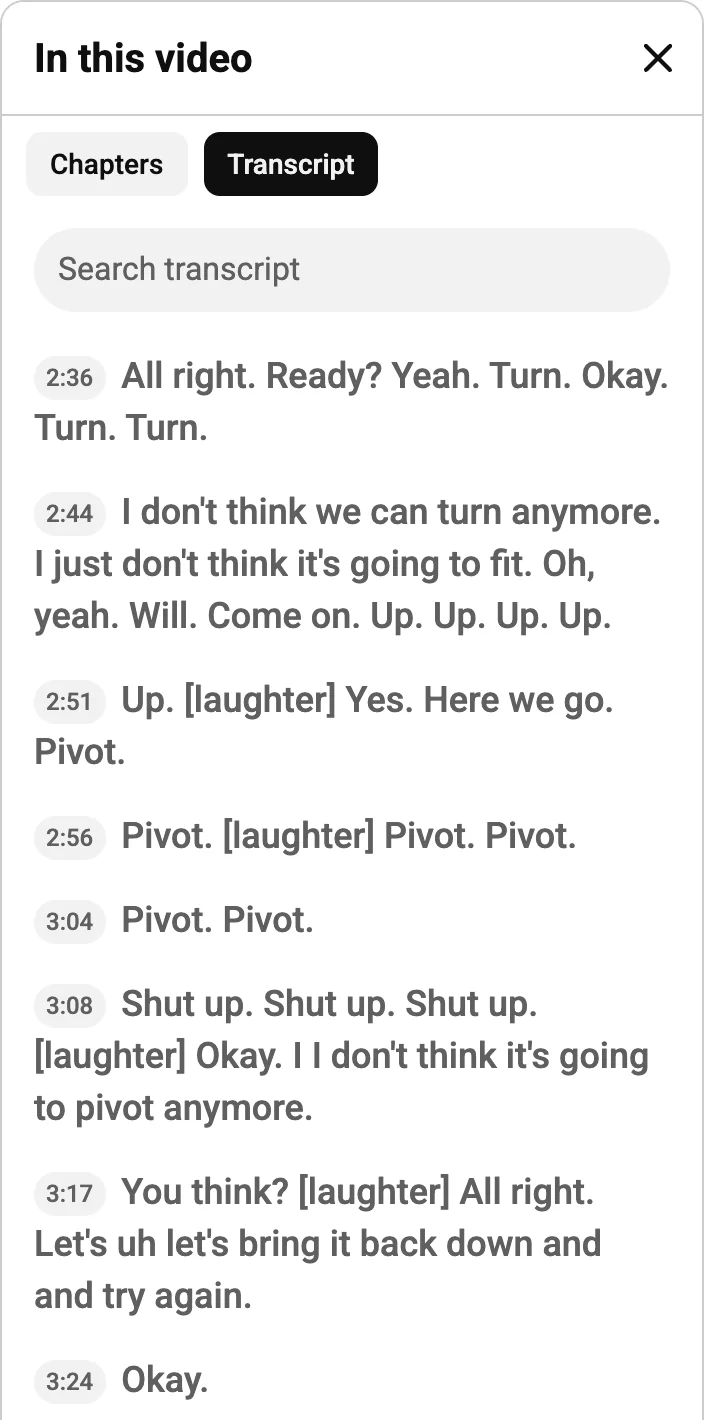YouTube transcript panel with Pivot at 2:51, 2:56 and 3:04