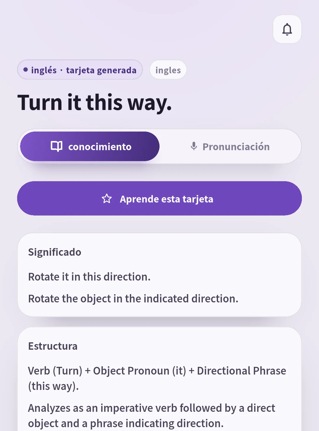 Tarjeta de SpeakGain con el significado y la estructura de Turn it this way