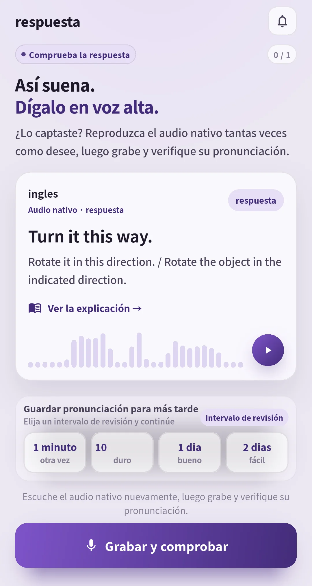 Respuesta de SpeakGain con opciones de intervalo de repaso