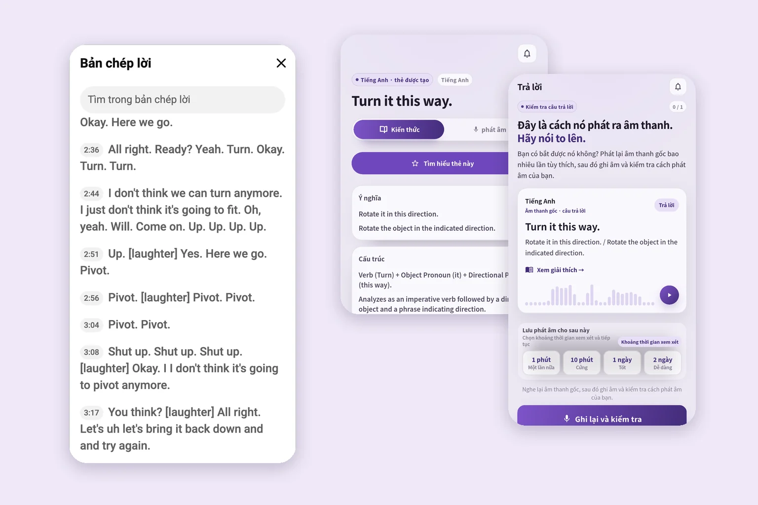 Bảng lời thoại Pivot trên YouTube cùng thẻ và màn hình ôn tập SpeakGain