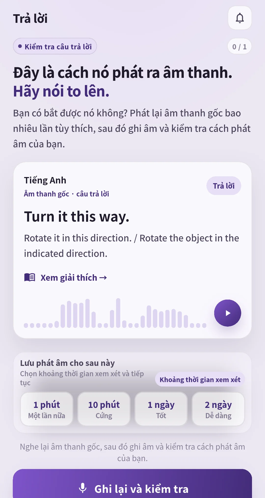 Màn hình đáp án SpeakGain với các nút chọn khoảng ôn tập
