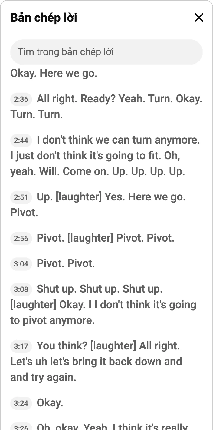 Bảng lời thoại YouTube có Pivot tại 2:51, 2:56 và 3:04