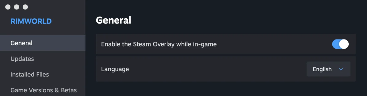 Interfaz real de Steam en inglés para RimWorld: Properties, General y Language establecido en English