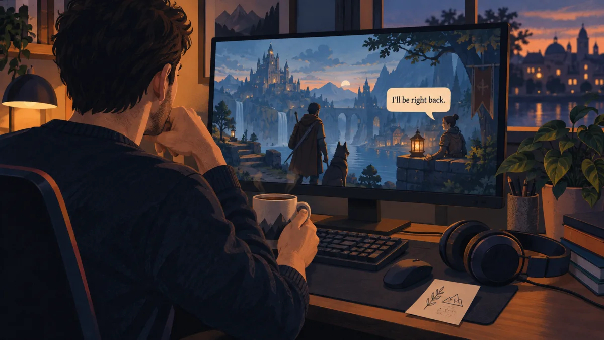 Una persona juega en el ordenador con auriculares y una nota junto a una frase en inglés