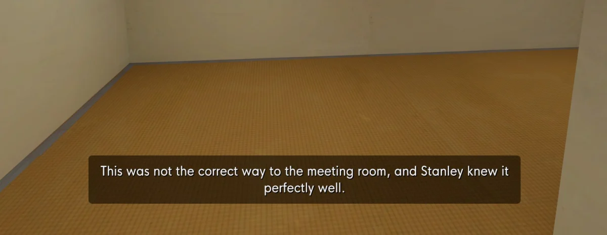 Captura real de The Stanley Parable: Ultra Deluxe con un subtítulo inglés sobre el camino equivocado a la sala de reuniones
