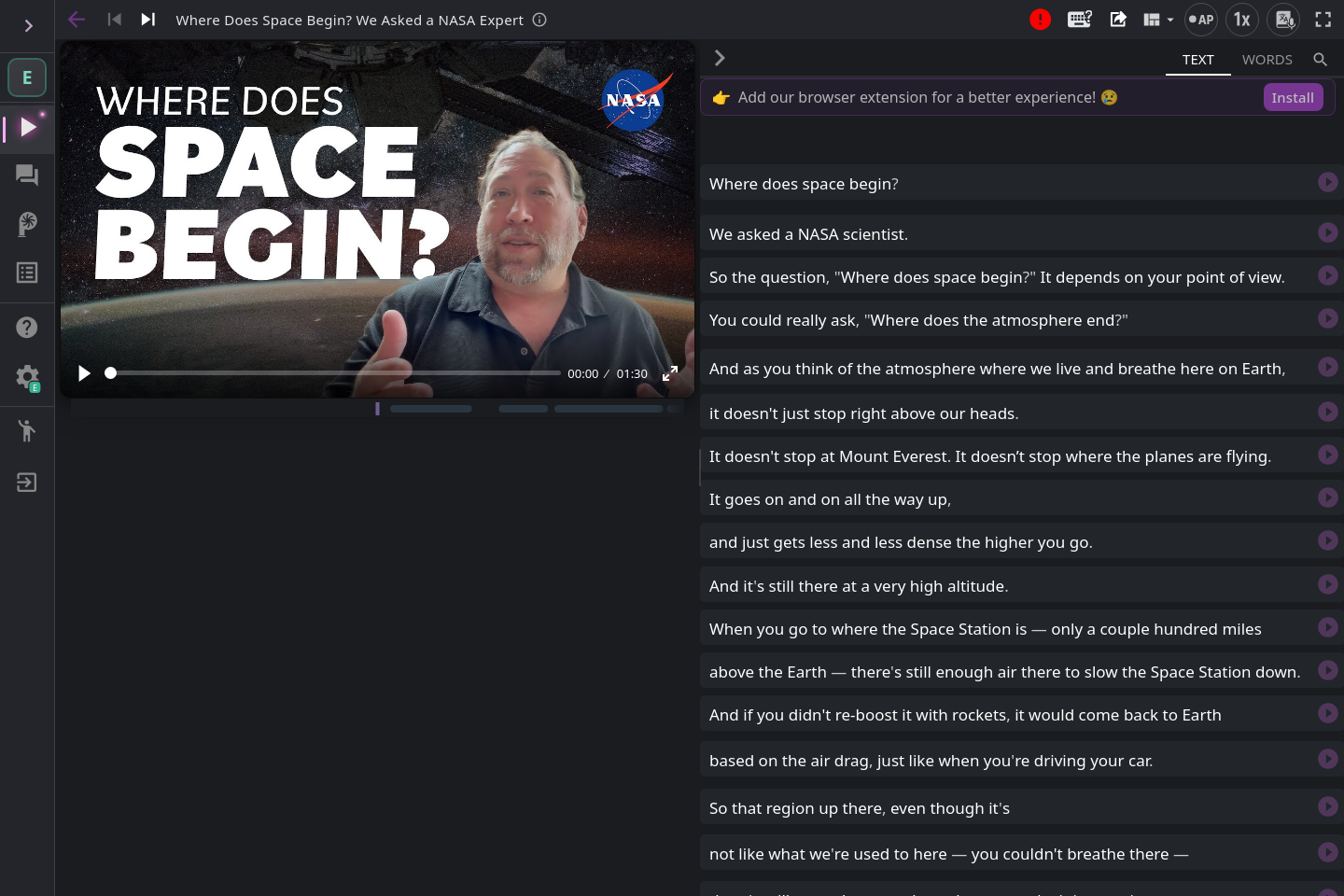 Reproductor web de Language Reactor con un vídeo en inglés de NASA y la transcripción frase por frase a su lado