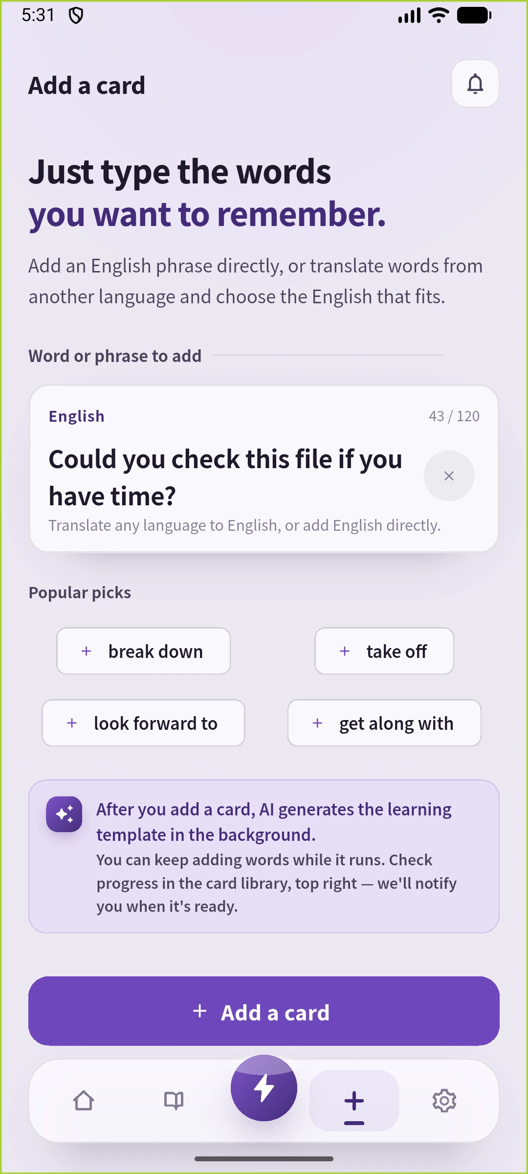 SpeakGainの作成画面でCould you check this file if you have timeという英文を入力した状態