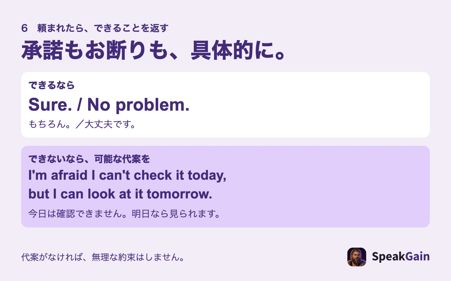 依頼への承諾Sure、No problemと、断る場合のI'm afraid I can't、butによる代案を比較する図